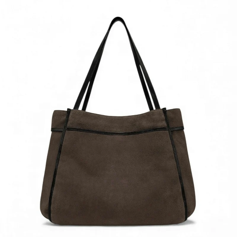 Grand sac cabas en daim et cuir lisse PURDAY Marron Chocolat