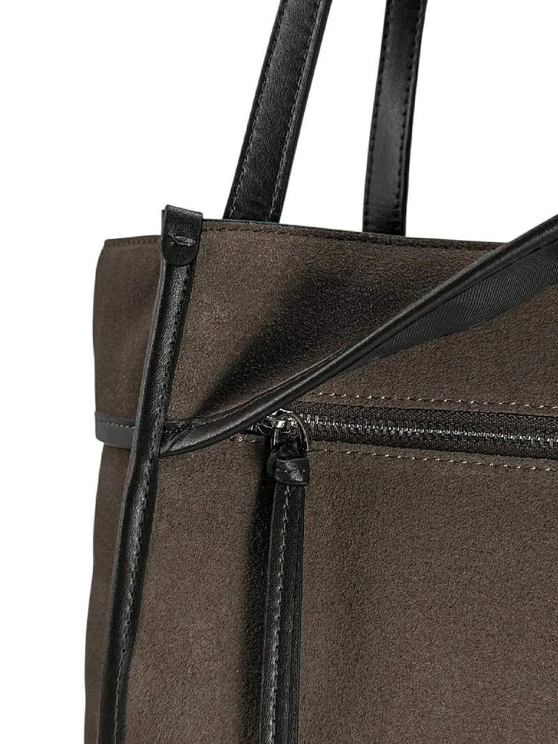 Grand sac cabas en daim et cuir lisse PURDAY Marron Chocolat