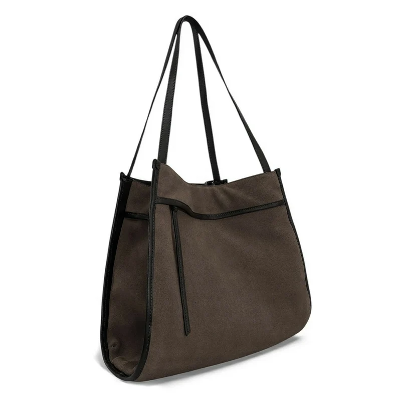Grand sac cabas en daim et cuir lisse PURDAY Marron Chocolat