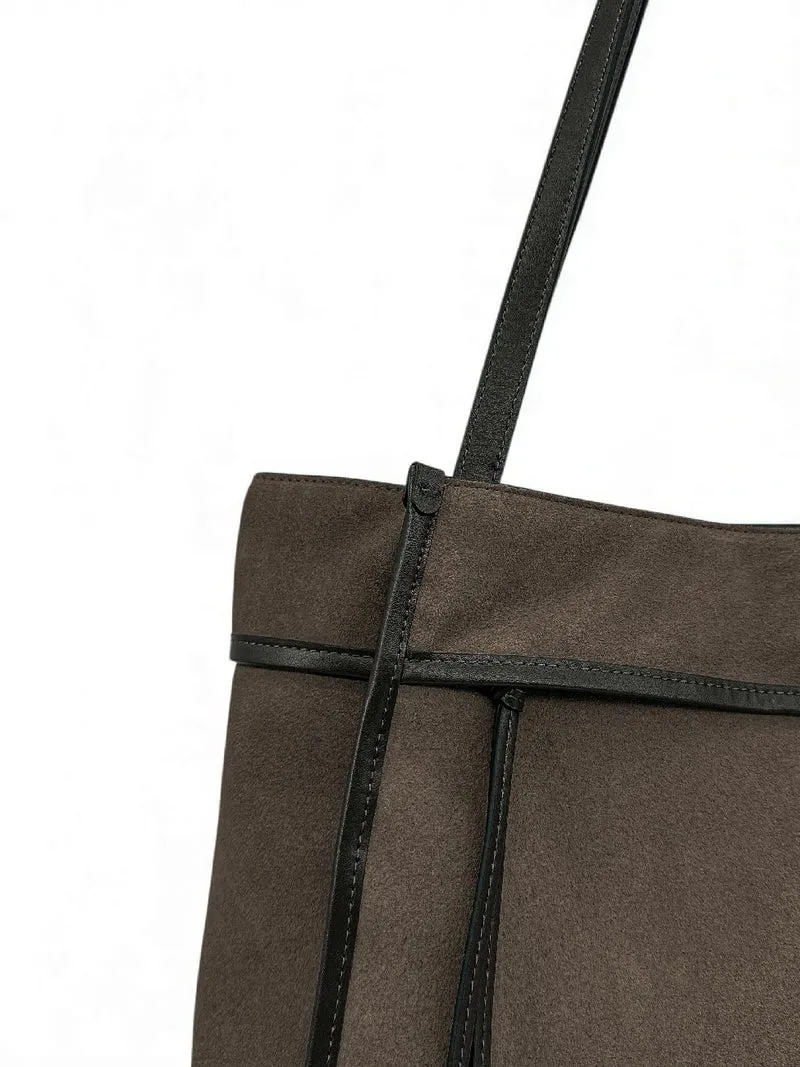 Grand sac cabas en daim et cuir lisse PURDAY Marron Chocolat