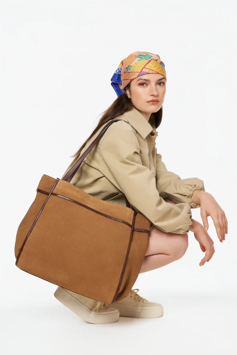 Grand sac cabas en daim et cuir lisse PURDAY Camel foncé
