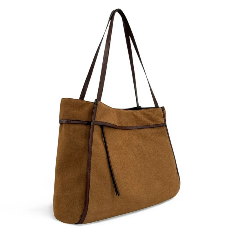 Grand sac cabas en daim et cuir lisse PURDAY Camel foncé