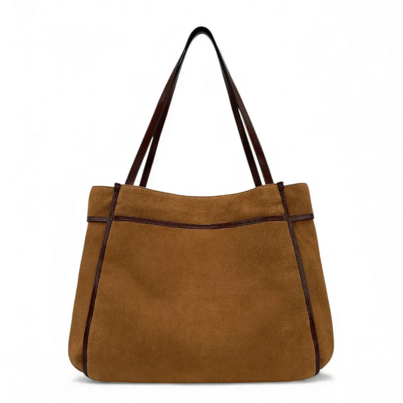 Grand sac cabas en daim et cuir lisse PURDAY Camel foncé