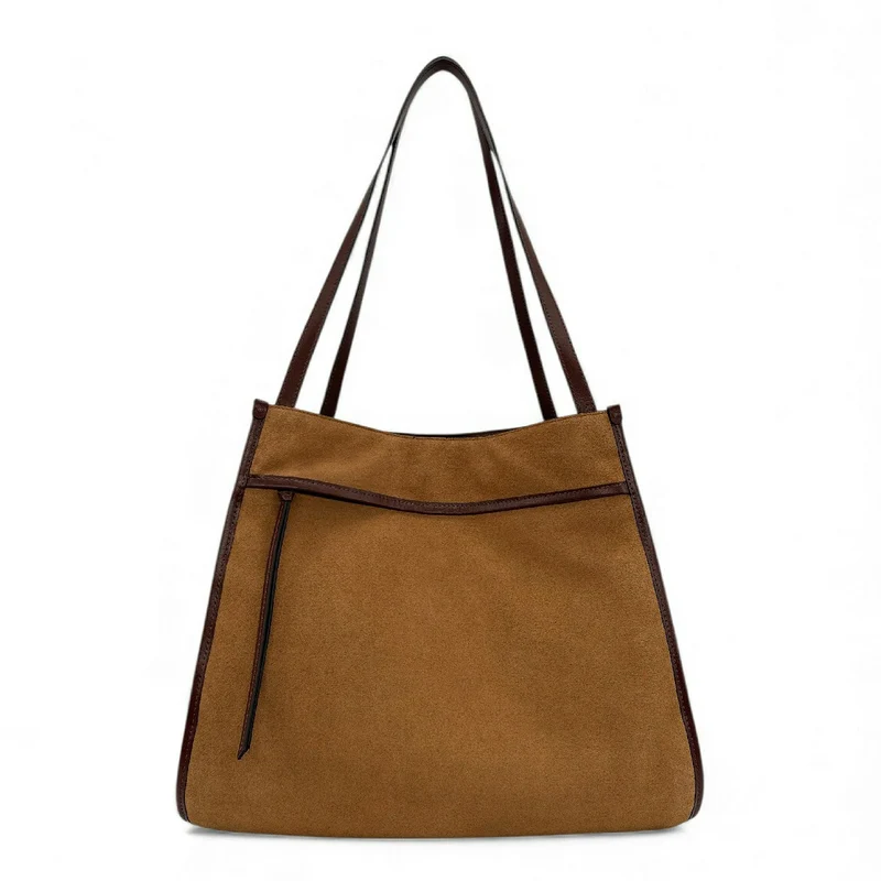 Grand sac cabas en daim et cuir lisse PURDAY Camel foncé