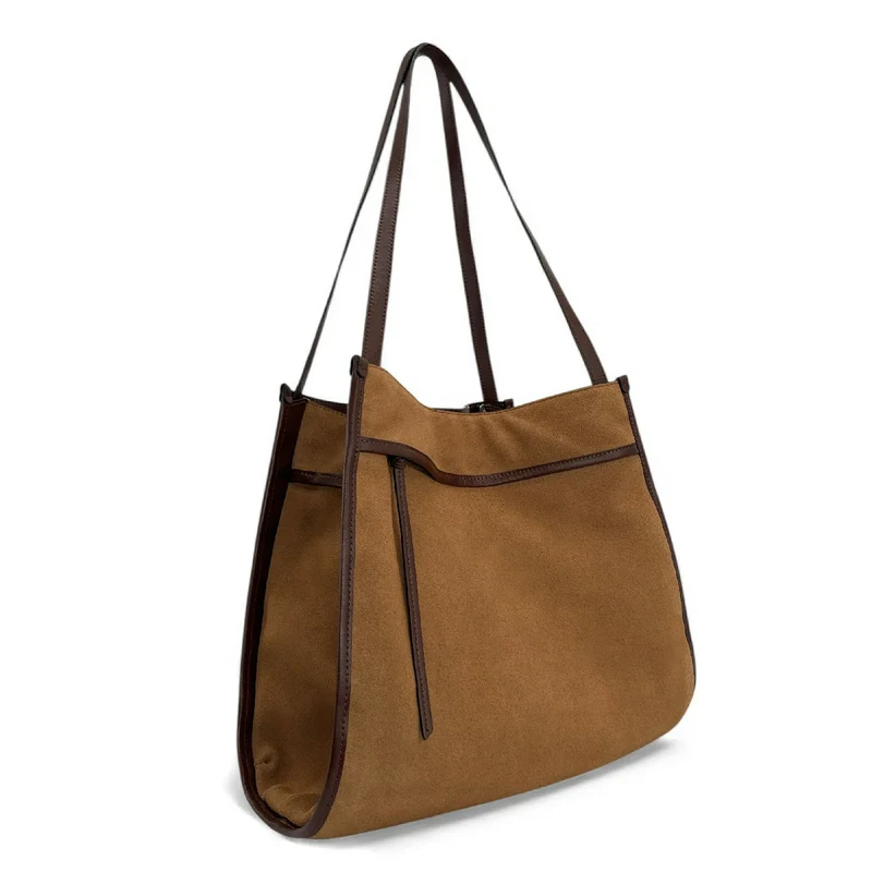 Grand sac cabas en daim et cuir lisse PURDAY Camel foncé
