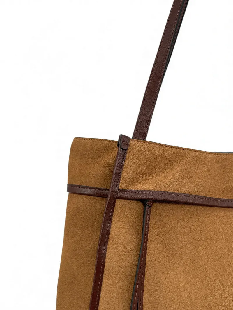 Grand sac cabas en daim et cuir lisse PURDAY Camel foncé