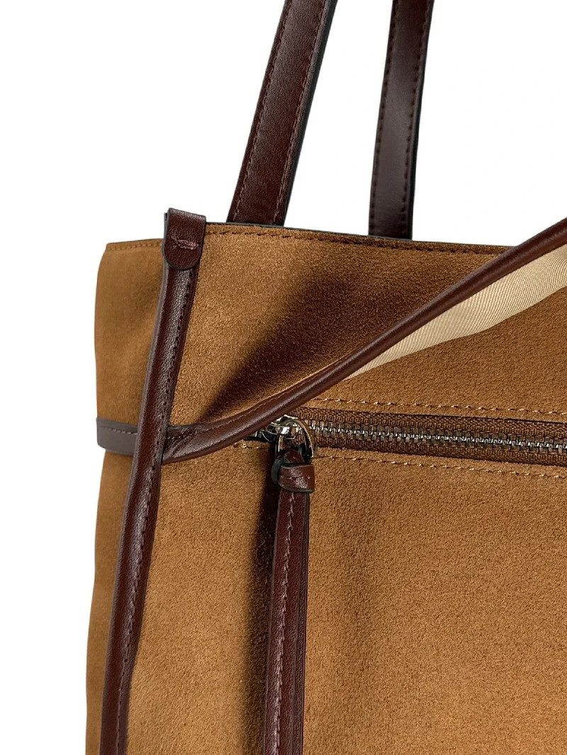 Grand sac cabas en daim et cuir lisse PURDAY Camel foncé