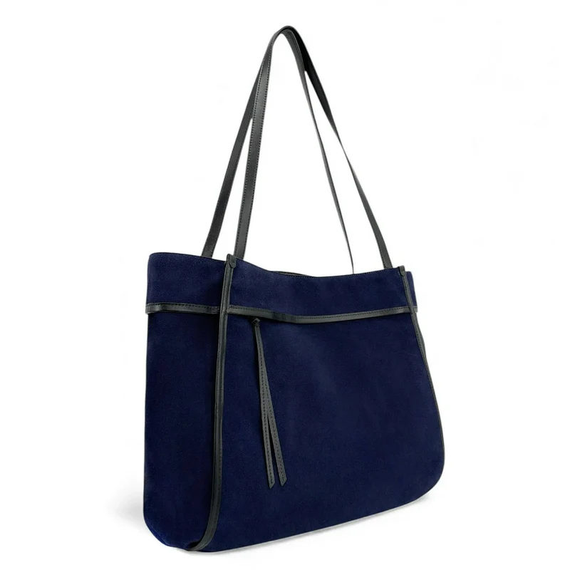Grand sac cabas en daim et cuir lisse PURDAY Bleu marine