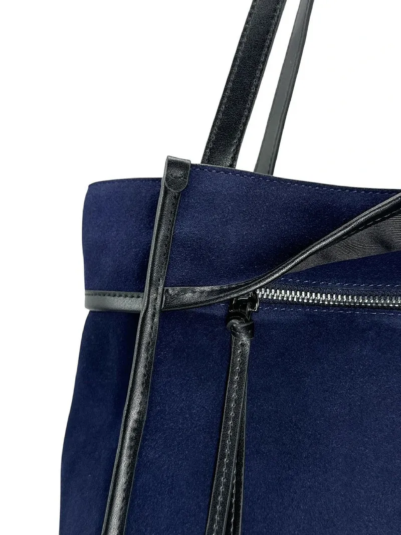 Grand sac cabas en daim et cuir lisse PURDAY Bleu marine