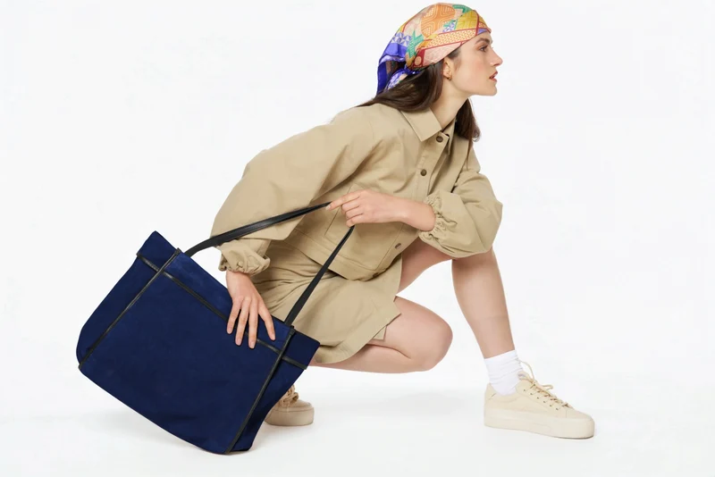 Grand sac cabas en daim et cuir lisse PURDAY Bleu marine