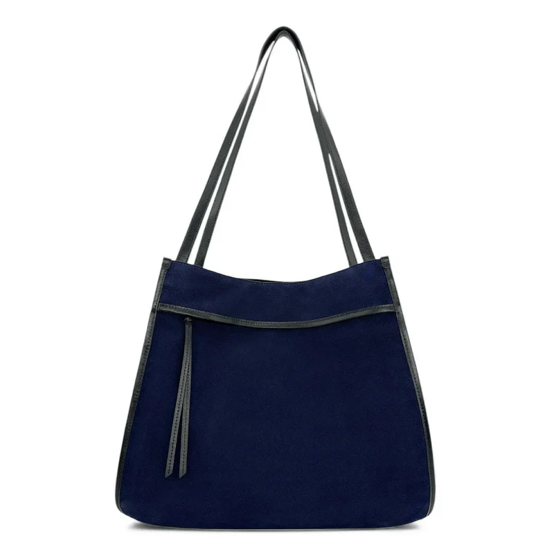 Grand sac cabas en daim et cuir lisse PURDAY Bleu marine
