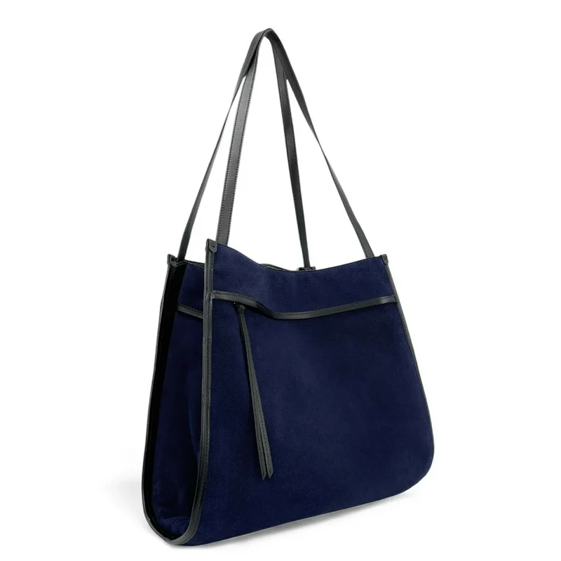 Grand sac cabas en daim et cuir lisse PURDAY Bleu marine
