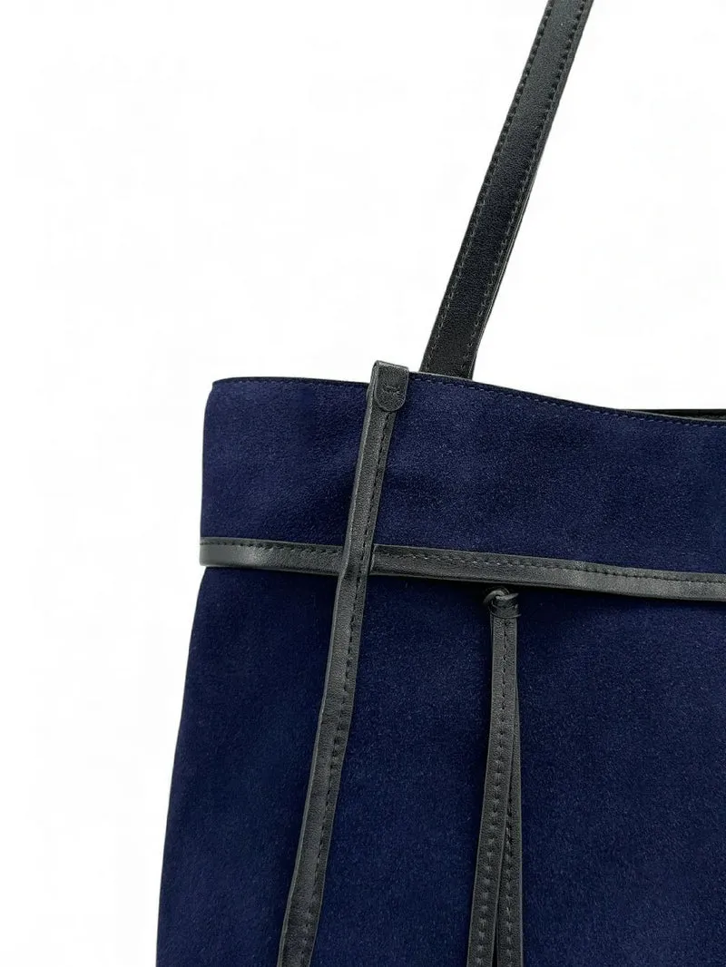 Grand sac cabas en daim et cuir lisse PURDAY Bleu marine