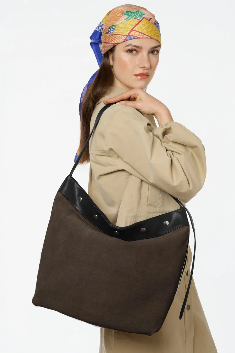 Grand sac cabas en daim et cuir lisse EMMA Marron Chocolat