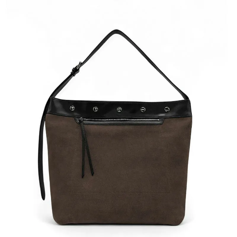 Grand sac cabas en daim et cuir lisse EMMA Marron Chocolat