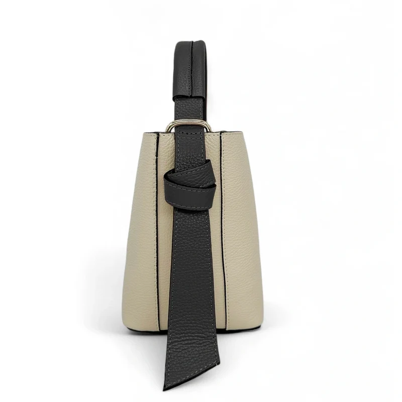Sac seau et pochette en cuir grainé BIRDIE Beige et Noir