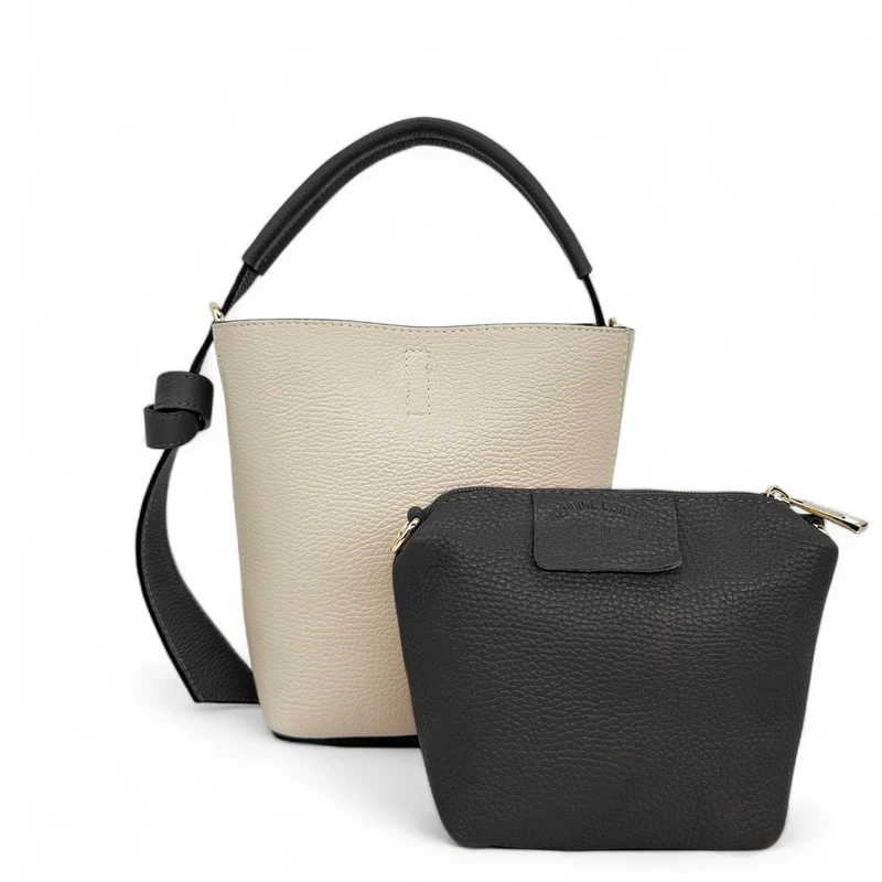 Sac seau et pochette en cuir grainé BIRDIE Beige et Noir