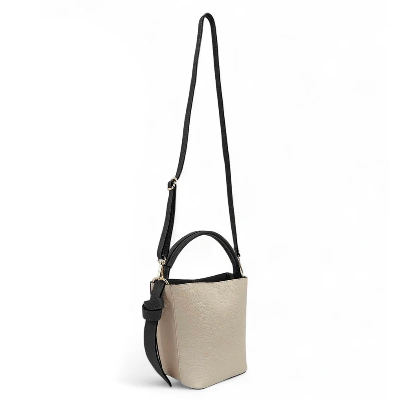 Sac seau et pochette en cuir grainé BIRDIE Beige et Noir