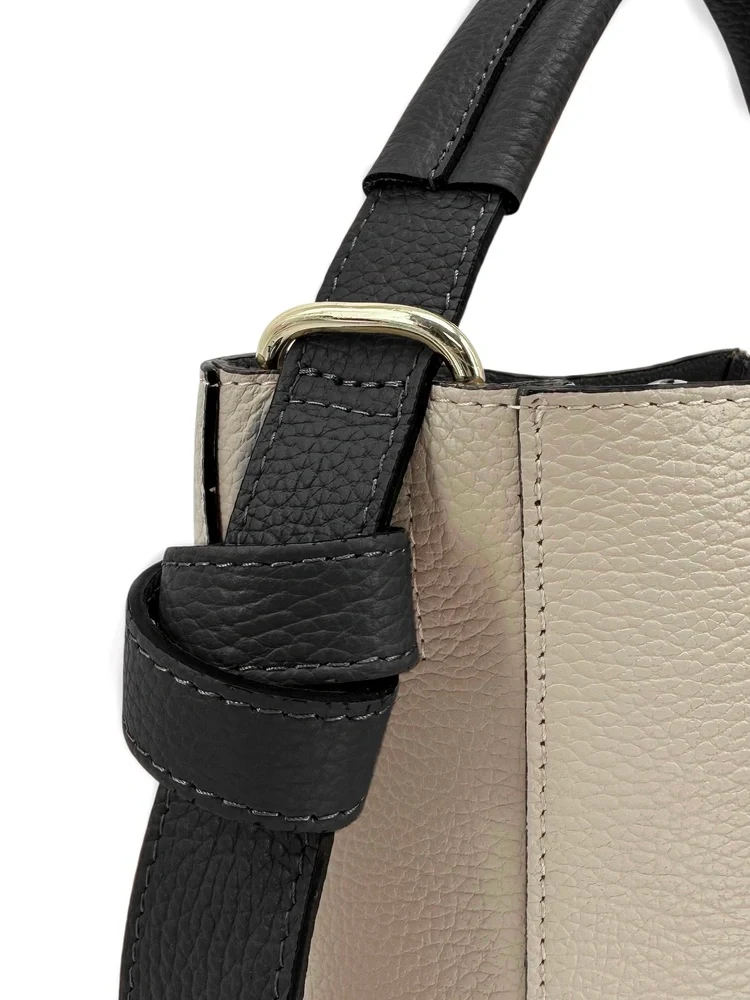 Sac seau et pochette en cuir grainé BIRDIE Beige et Noir