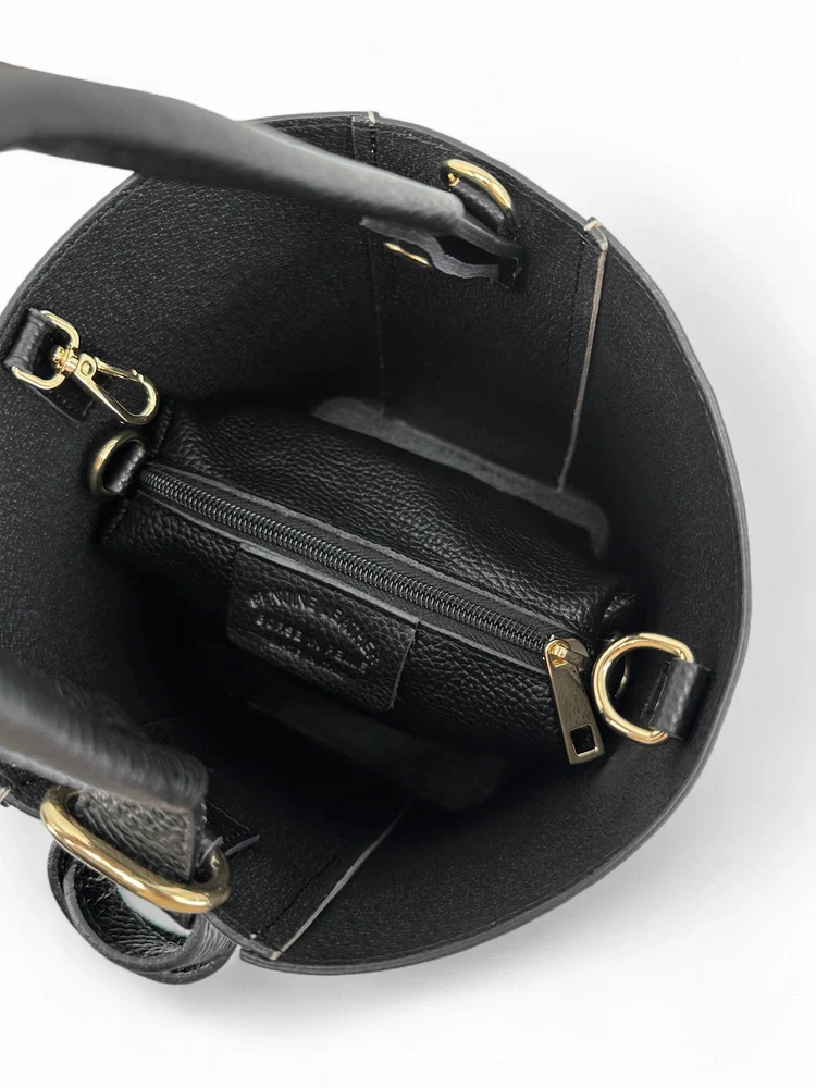 Sac seau et pochette en cuir grainé BIRDIE Beige et Noir