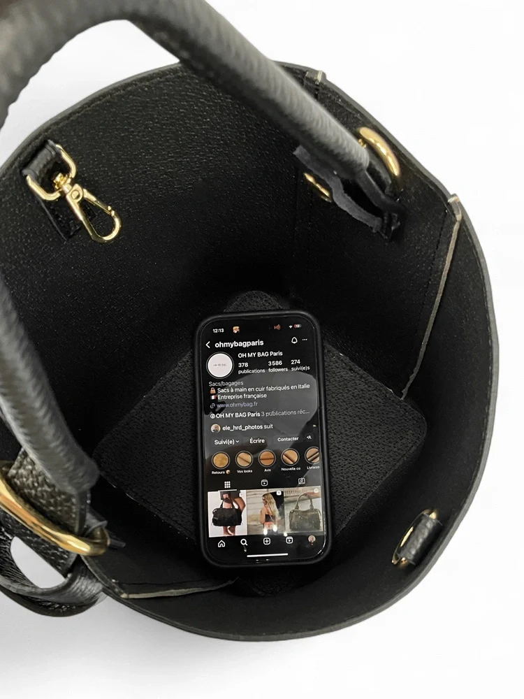 Sac seau et pochette en cuir grainé BIRDIE Beige et Noir