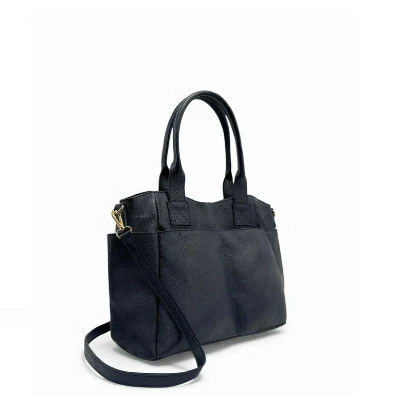 Sac cabas multipoches en cuir grainé MARCIE Bleu marine