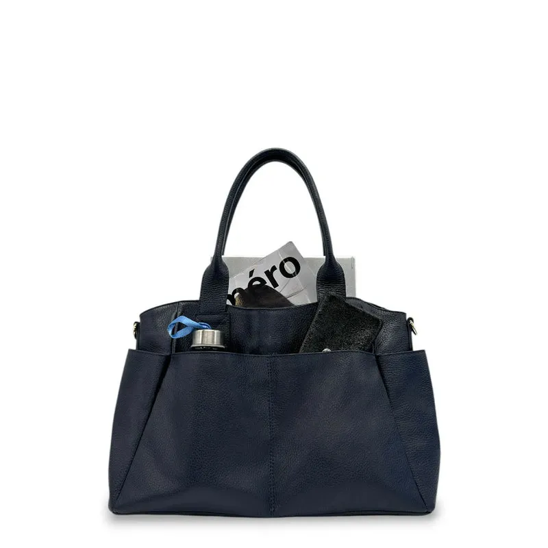 Sac cabas multipoches en cuir grainé MARCIE Bleu marine