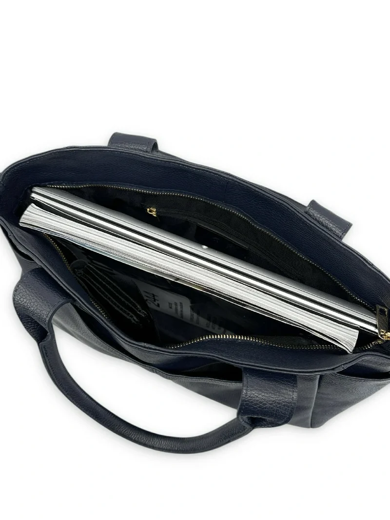 Sac cabas multipoches en cuir grainé MARCIE Bleu marine