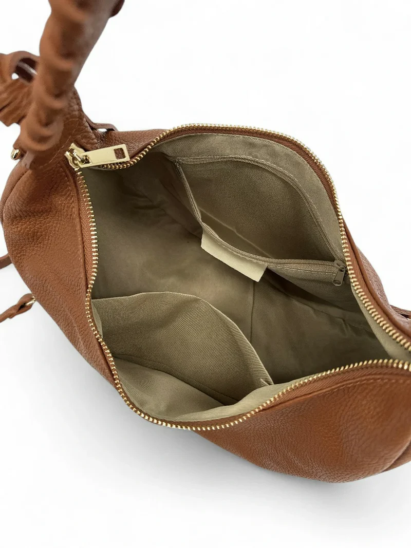 Sac demi-lune en cuir grainé NYX Camel foncé