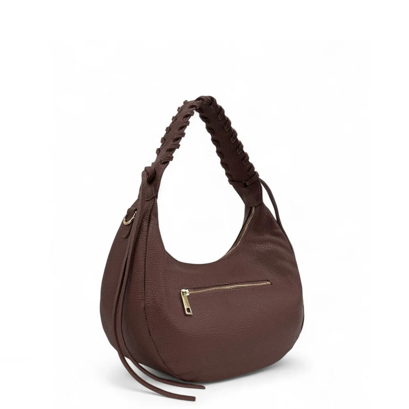 Sac demi-lune en cuir grainé NYX Marron Chocolat