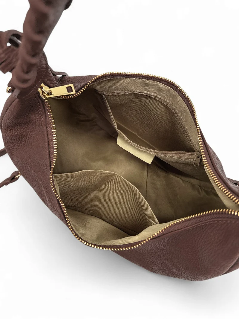 Sac demi-lune en cuir grainé NYX Marron Chocolat