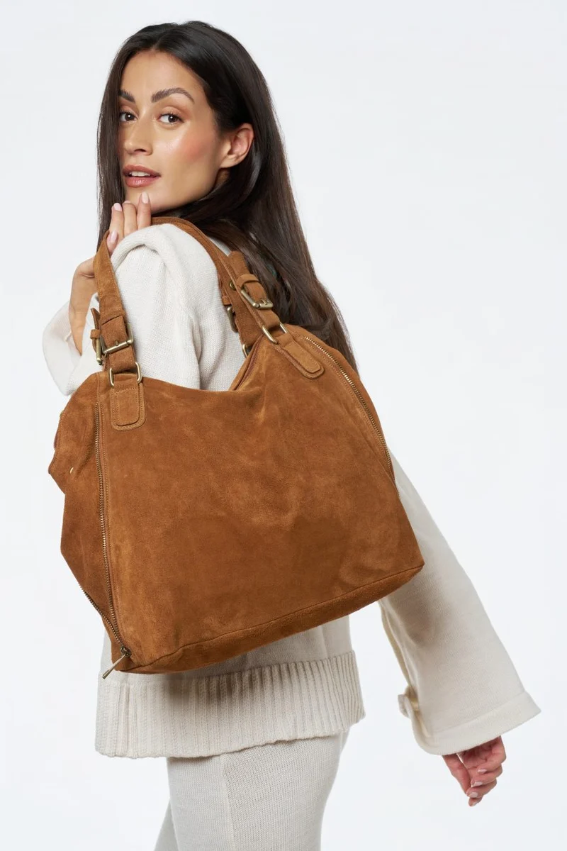 Grand sac hobo en croûte de cuir CAMELIA SUEDE Marron Camel foncé