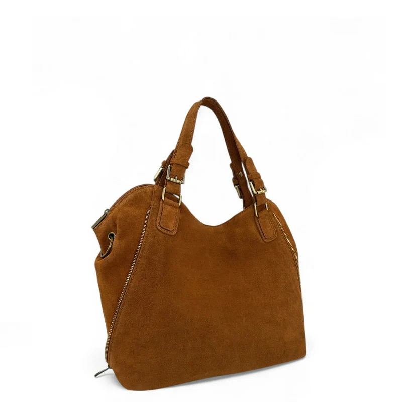 Grand sac hobo en croûte de cuir CAMELIA SUEDE Marron Camel foncé