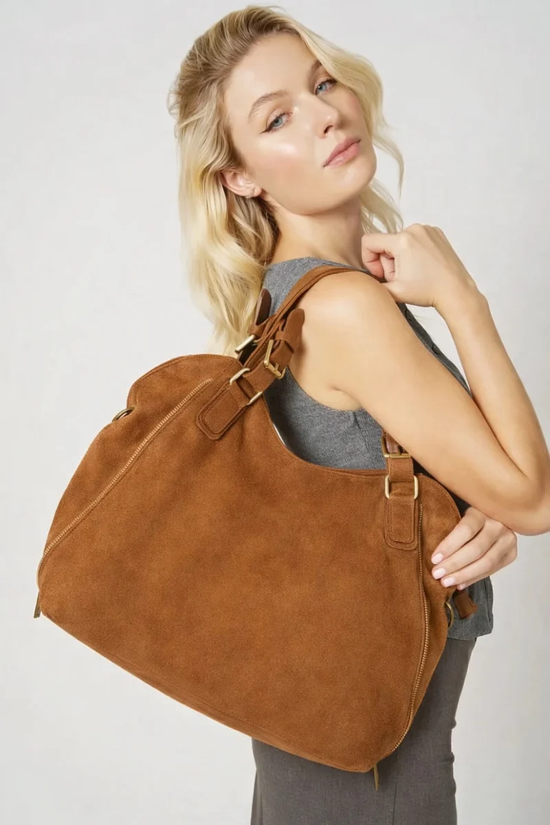 Grand sac hobo en croûte de cuir CAMELIA SUEDE Marron Camel foncé