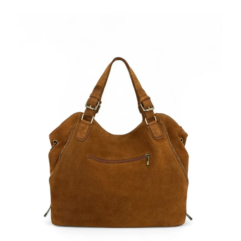 Grand sac hobo en croûte de cuir CAMELIA SUEDE Marron Camel foncé