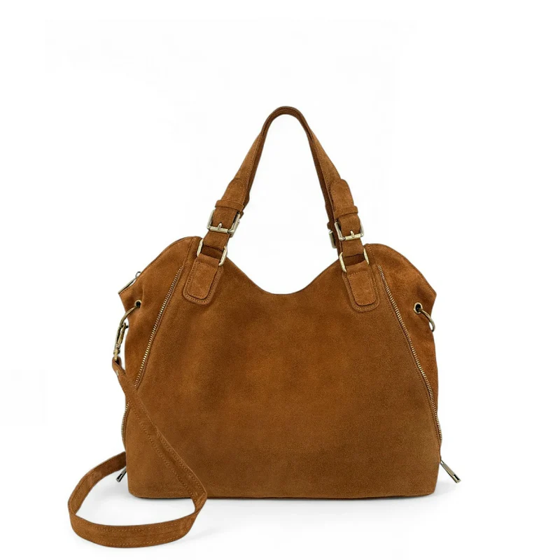 Grand sac hobo en croûte de cuir CAMELIA SUEDE Marron Camel foncé