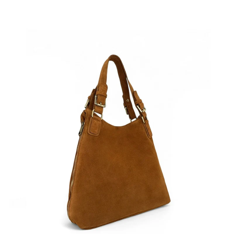 Grand sac hobo en croûte de cuir CAMELIA SUEDE Marron Camel foncé