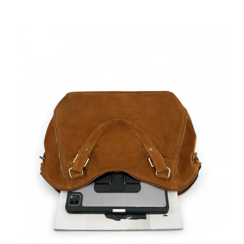 Grand sac hobo en croûte de cuir CAMELIA SUEDE Marron Camel foncé