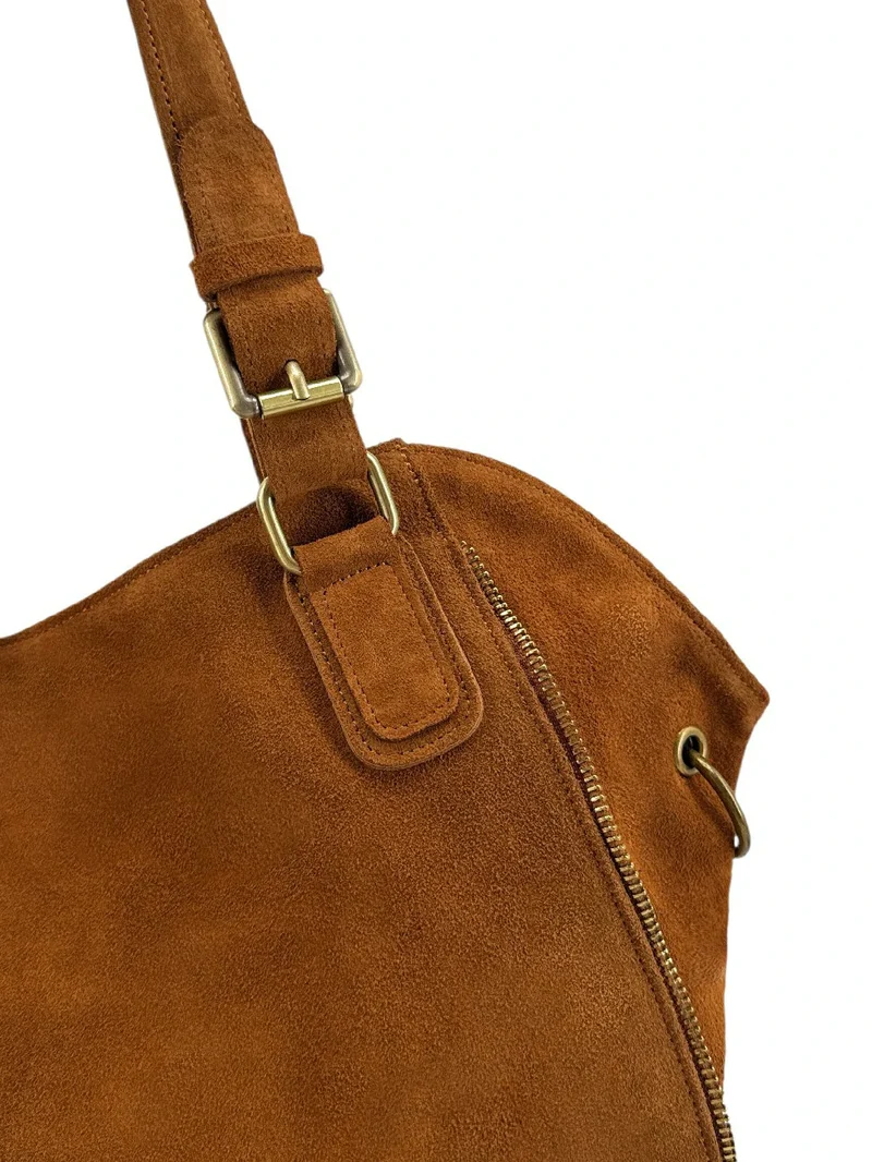 Grand sac hobo en croûte de cuir CAMELIA SUEDE Marron Camel foncé