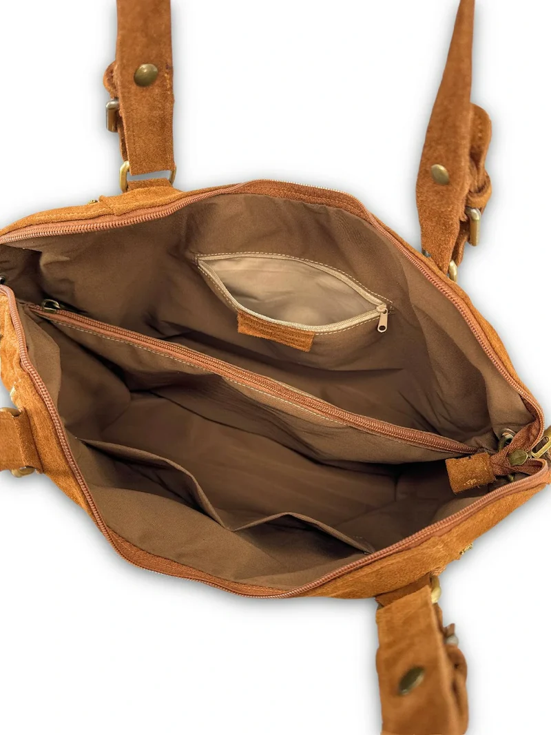Grand sac hobo en croûte de cuir CAMELIA SUEDE Marron Camel foncé