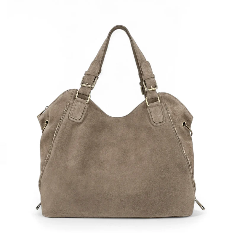 Grand sac hobo en croûte de cuir CAMELIA SUEDE Taupe