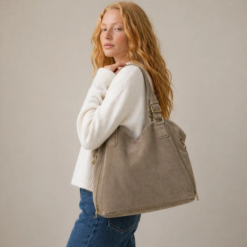 Grand sac hobo en croûte de cuir CAMELIA SUEDE Taupe