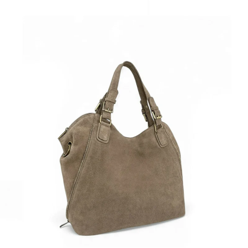 Grand sac hobo en croûte de cuir CAMELIA SUEDE Taupe