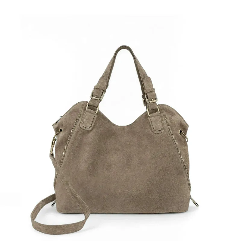 Grand sac hobo en croûte de cuir CAMELIA SUEDE Taupe