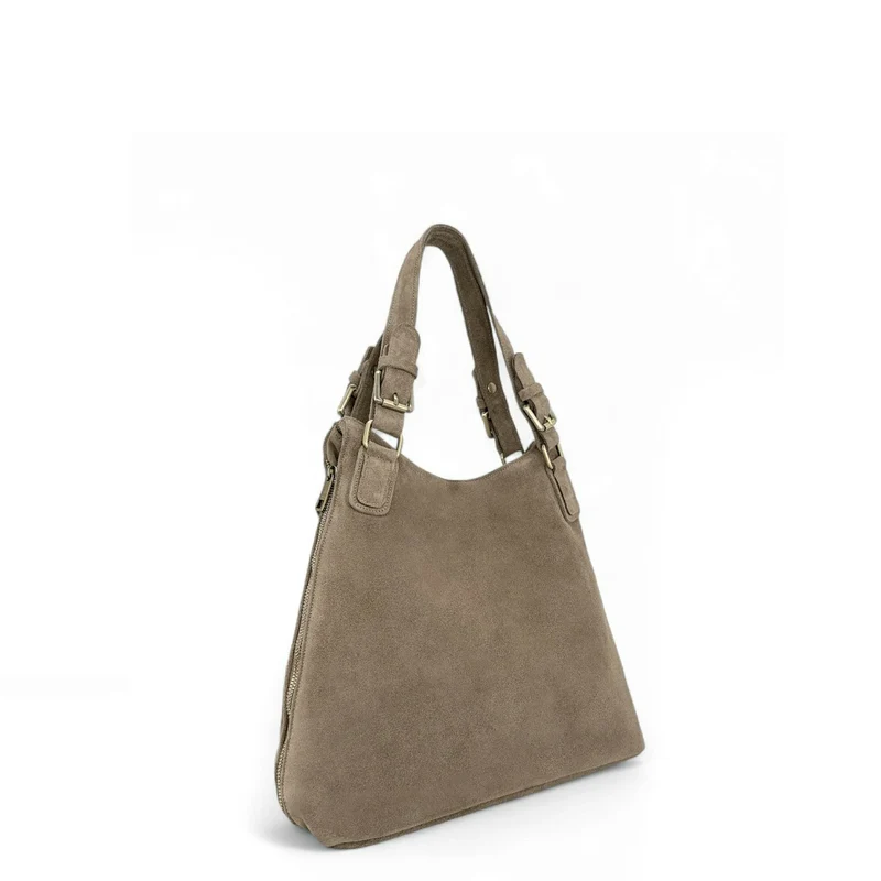 Grand sac hobo en croûte de cuir CAMELIA SUEDE Taupe