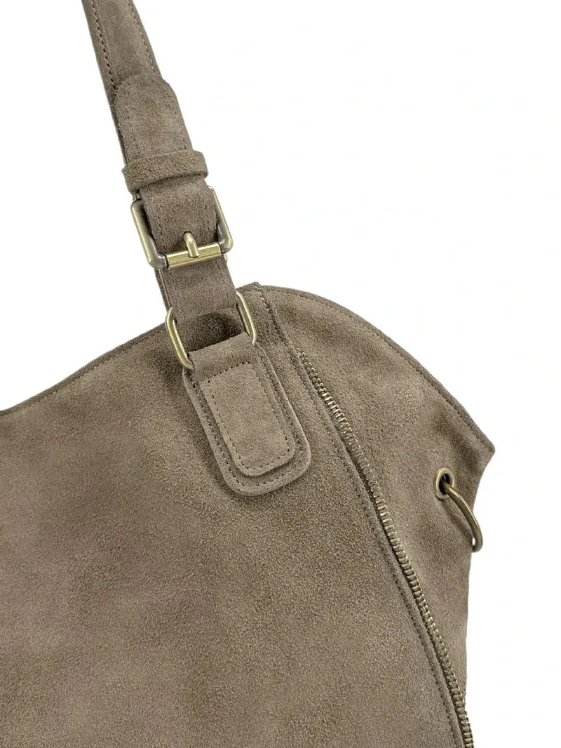Grand sac hobo en croûte de cuir CAMELIA SUEDE Taupe