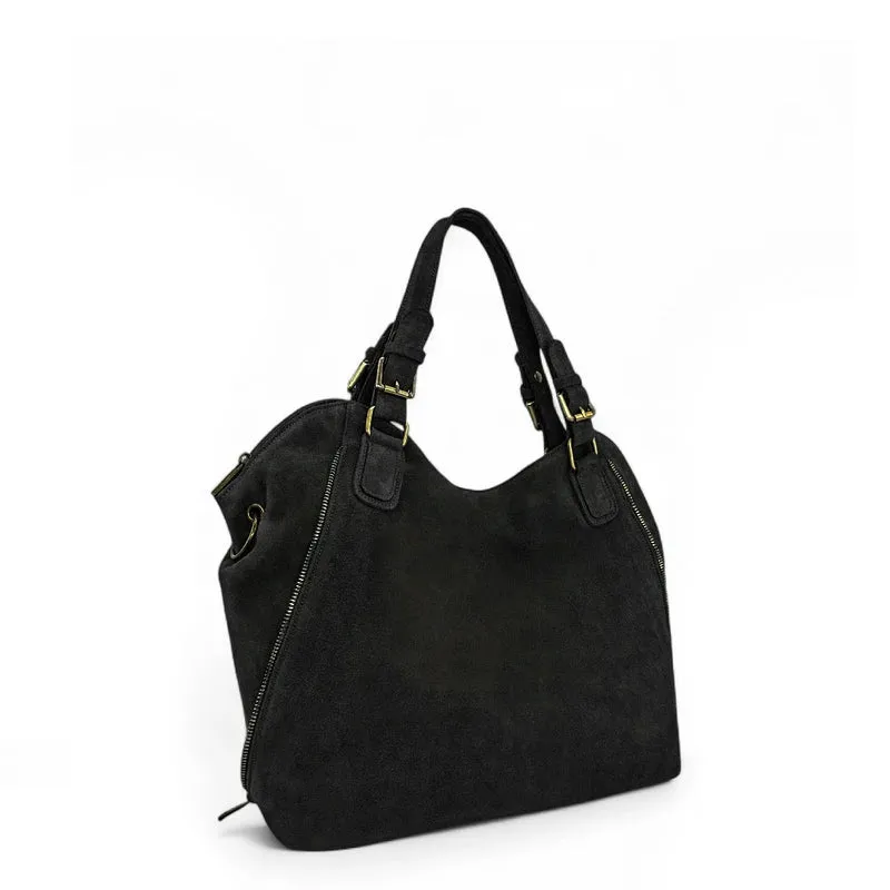 Grand sac hobo en croûte de cuir CAMELIA SUEDE Noir