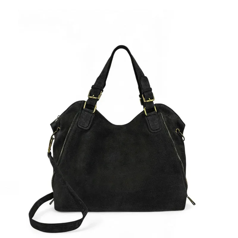Grand sac hobo en croûte de cuir CAMELIA SUEDE Noir