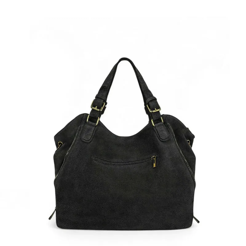 Grand sac hobo en croûte de cuir CAMELIA SUEDE Noir