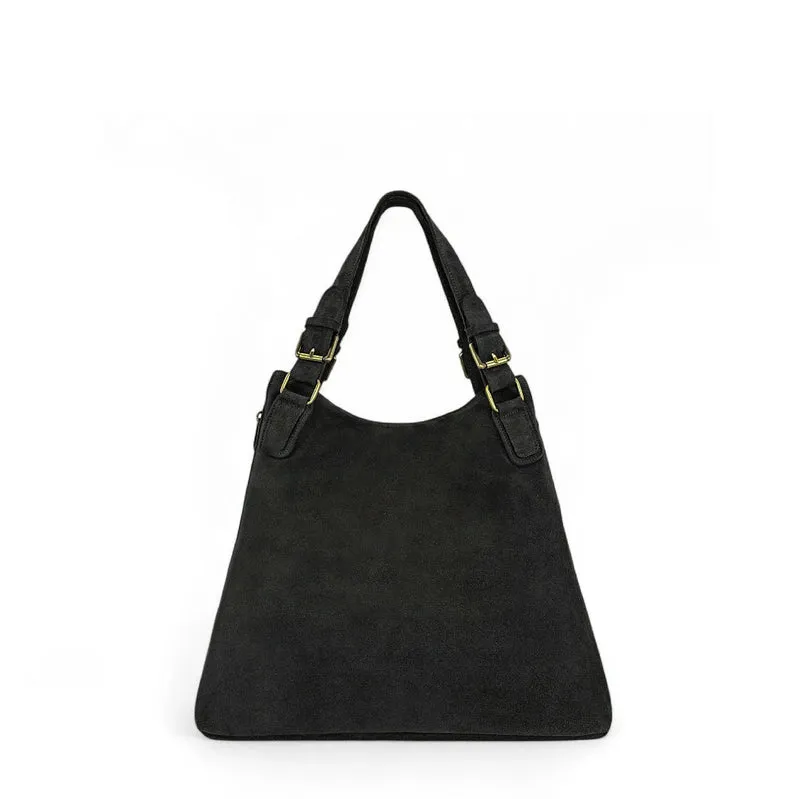 Grand sac hobo en croûte de cuir CAMELIA SUEDE Noir